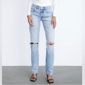 Mid Rise Straight Ripped Jeans